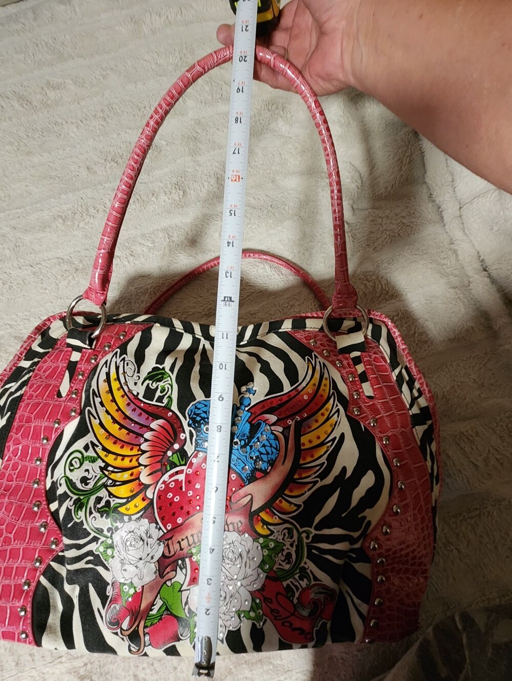 Y2K Zebra Print Satchel Bag Tattoo Heart Crown Pink Croc Trim Rhinestone Studded - Picture 6 of 12